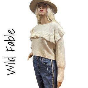 WILD fable white ruffled Fuzzy cropped style sweater